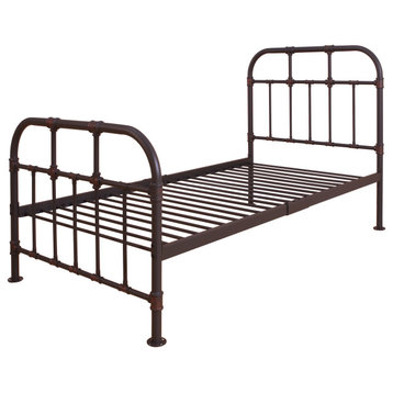 Industrial Style Metal Twin Size Bed With Pipe Inspired Frame, Brown