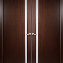 Contemporary Wenge Veneer Interior Double Door, Frosted Glass Strip - Interior Doors