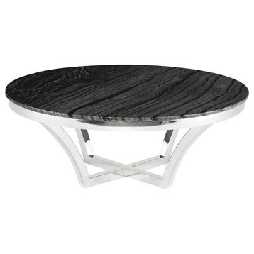 Round Marble Coffee Table With Polished Stainless Steel Base, Black Wood Vein Ma