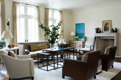Example of a huge transitional formal and enclosed dark wood floor living room design in Atlanta with white walls, a standard fireplace, a stone fireplace and no tv