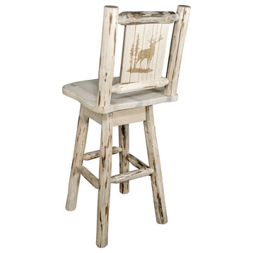 Montana Barstool & Swivel With Laser Engraved Elk, Clear Lacquer Finish, Lacquer