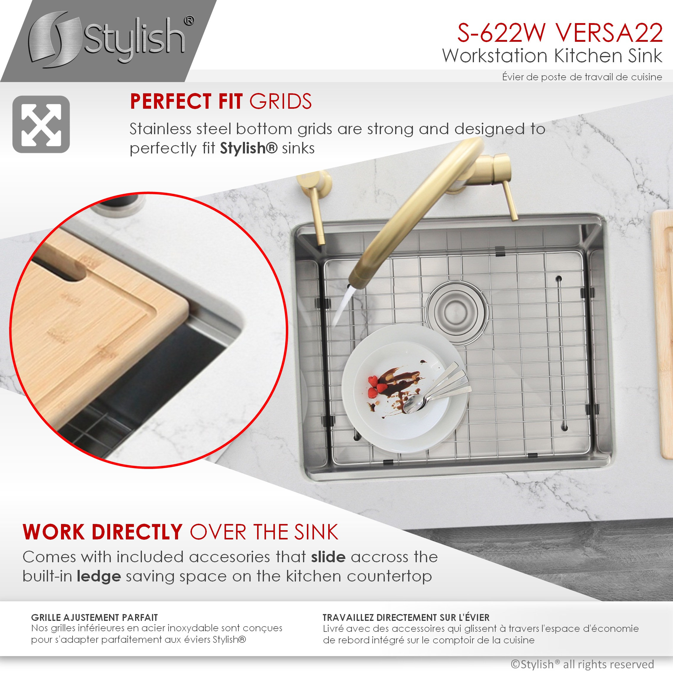 STYLISH 22'' Workstation Single Bowl Undermount 16G Stainless Steel Kitchen Sink