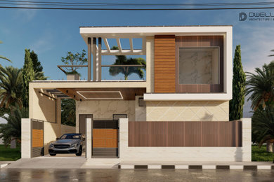 Diseño de fachada de casa beige y roja minimalista de tamaño medio de una planta con tejado plano y tejado de teja de barro