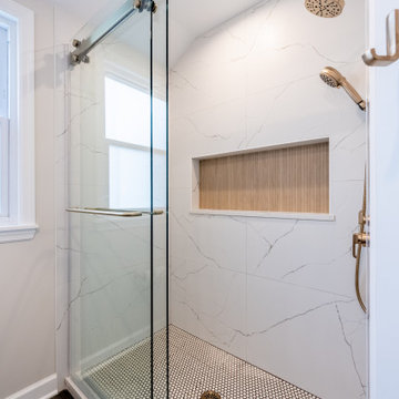 Frameless Sliding Glass Shower Door | Marble Lincoln Tile | Chicago Bathroom