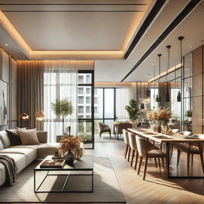 A modern open-concept living and dining area with cozy defined zones. Features stylish furniture, large windows for natural light, clean lines, neutral tones, and a warm, inviting atmosphere.