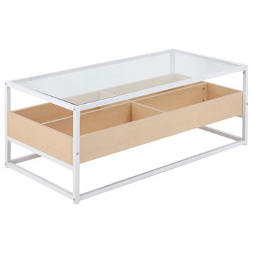 Display Contemporary Coffee Table, White Metal, Natural Wood/Clear Glass
