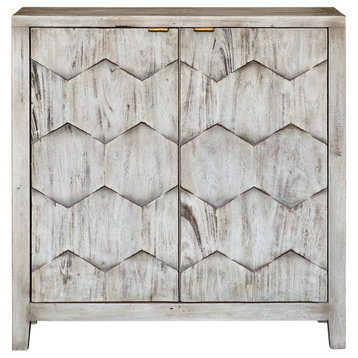 MidCentury Ivory Gray Distressed Wood Cabinet Accent Console Diamond Honeycomb