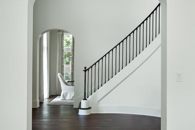 Inspiration for a timeless dark wood floor and brown floor foyer remodel in Houston with white walls