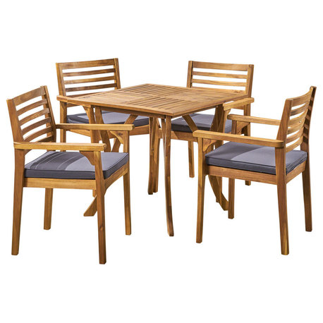 GDF Studio Alma Outdoor 4-Seater 32" Square Acacia Dining Set With Carved Legs, Teak Finish/Dark Gray