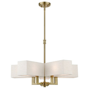 Contemporary Five Light Chandelier-Antique Brass Finish-Oatmeal/White Shade