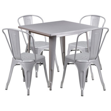 31.5'' Square Silver Metal Indoor-Outdoor Table Set With 4 Stack Chairs