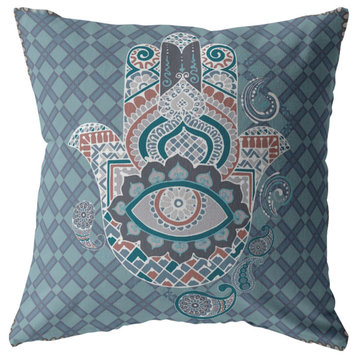 Hamsa Suede Blown and Closed Pillow Muted Blue