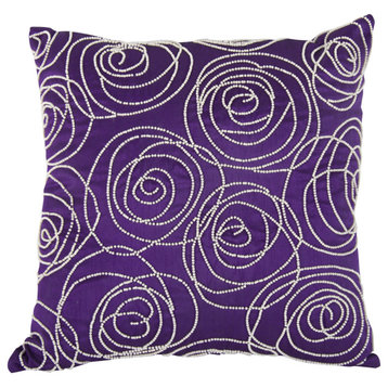 Designer Faux Silk Cotton Pillow With Pearl Beads, Purple And Silver