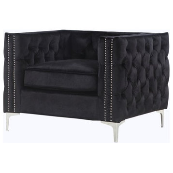 Chesterfield Chair, Chrome Legs With Button Tufted Upholstery and Nailhead, Black