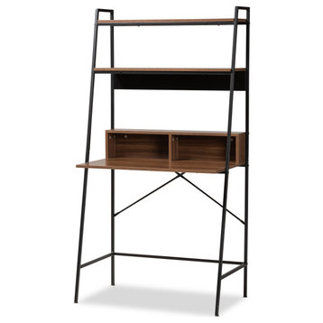 Brice Industrial Walnut Brown Finished Wood and Black Metal Desk With Shelves