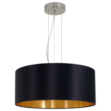 3x60W Pendant With Satin Nickel Finish and Black and Gold Shade, Black & Gold Shade