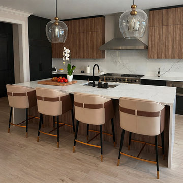 Contemporary Kitchen with Waterfall Island and Leather Bar Stools