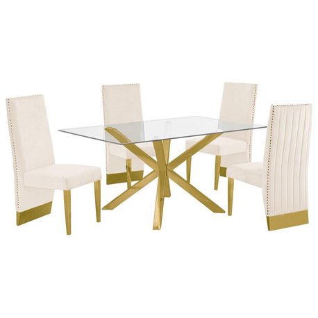 63"x 39" Rectangular Clear Glass 5pc Dining Set with Gold Stainless Steel