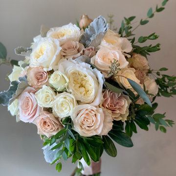 Hand Tied Bridal Bouquet in Nude Tone- Garden Roses, Spray Roses & Dusty Miller