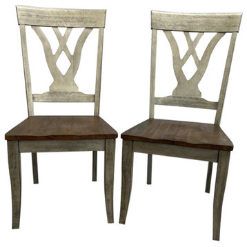 Pair of Casual Brown and Grey Solid Wood Dining Chairs