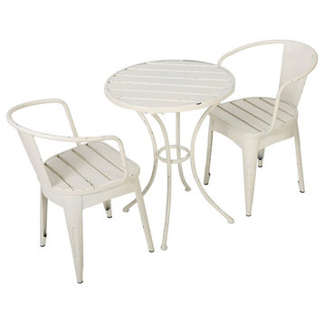 3 Pieces Patio Bistro Set, Chairs With Slatted Seat & Curved Back, Shabby White