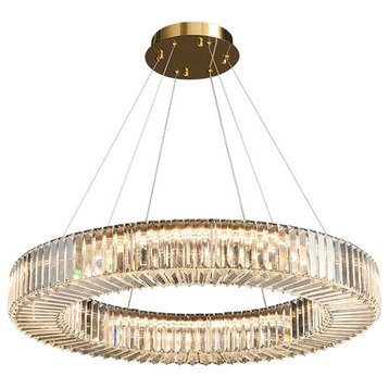 Round Crystal Hanging LED Chandelier, Gold, 23.6x3.9", Warm Light, Non-Dimmable