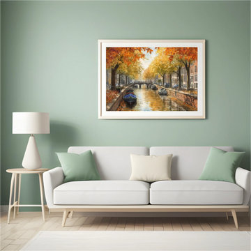 Autumn Canal Canvas Wall Art - Scenic Fall River Landscape Painting