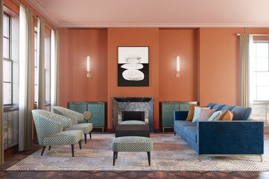 Design ideas for a medium sized modern formal enclosed living room in London with orange walls, dark hardwood flooring, a standard fireplace, a stone fireplace surround, no tv, brown floors and wallpapered walls.