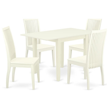 5Pc Dining Set, Rectangular Table, 4 Chairs, Asian Hardwood Seat, Linen White