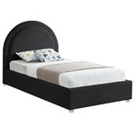 Meridian Furniture - Milo Velvet Upholstered Bed, Black, Twin - Get ready for compliments when you add this Milo boucle fabric bed to your space. It's upholstered head to foot in rich black boucle fabric, so it's soft to the touch and regal to the eye. The star of the show is the bed's rounded headboard, which stretches out tall above you for a look that oozes regality and sophisticated charm. Acrylic legs give the bed a somewhat modern finish.