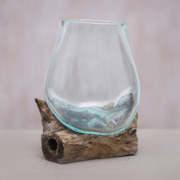 NOVICA Clear Horizon And Blown Glass And Wood Vase