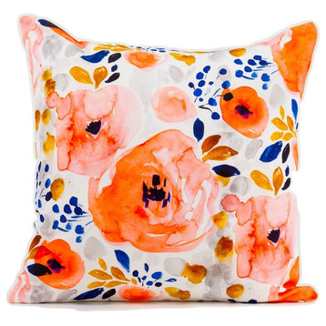 Watercolor floral pillow cover, pink, peach and blue cover, , 24x24