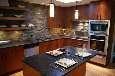 Inspiration for a large craftsman u-shaped bamboo floor kitchen remodel in Raleigh with an undermount sink, flat-panel cabinets, medium tone wood cabinets, granite countertops, multicolored backsplash, stone tile backsplash and stainless steel appliances