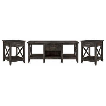 3 Pieces Coffee Table Set, X-Shaped Sides With Shelf & Drawer, Dark Gray Hickory