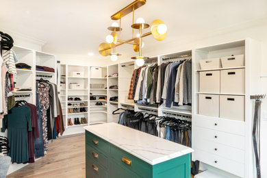 Walk-in closet - large transitional medium tone wood floor and brown floor walk-in closet idea in Philadelphia with open cabinets and white cabinets