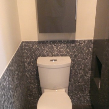 MASTER BATHROOM - Large Wave Tile Shower / Penny Tile Wainscot / Ikea Cabinets