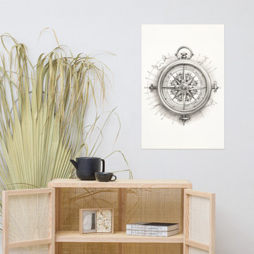 Nautical Compass Wall Art: "Compass Rose" Pencil Sketch Drawing - Digital Art