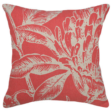Floral Printed Linen Pillow With Feather-Down Insert, Coral Red