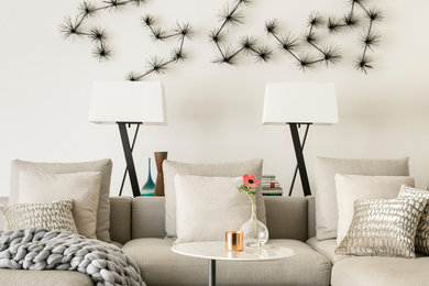 Living room - mid-sized contemporary open concept porcelain tile and white floor living room idea in Los Angeles with white walls, a tile fireplace and a media wall