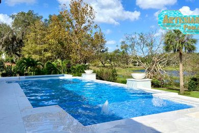 Large backyard stone and rectangular natural pool photo in Orlando