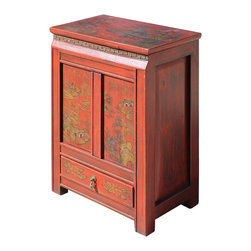 Chinese Red Base Golden Scenery End Table Nightstand Table Cabinet - Nightstands And Bedside Tables