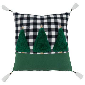 Trees Design Plaid Throw Pillow With Down Filling, 18"x18", Green