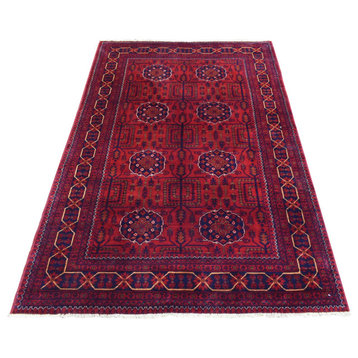 Red Afghan Khamyab Pure Wool Geometric Design Hand Knotted Rug, 4'1"x6'3"