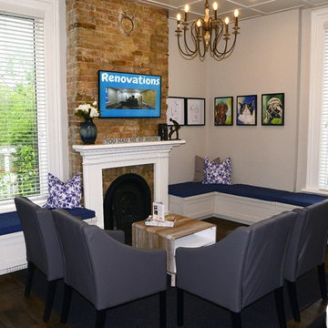Reception After exposed brick over fireplace