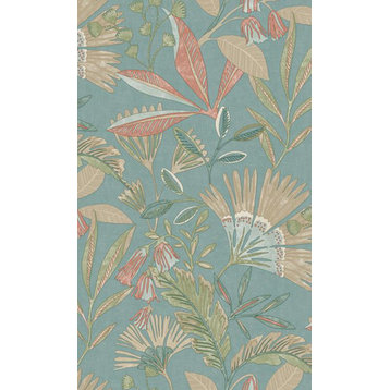 Tropical Flowers and Trees Botanical Wallpaper, Blue, Double Roll