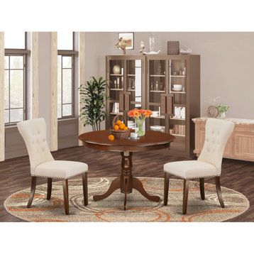 3Pc Round Dinette Set, Pedestal Dining Table, 2 Fabric Kitchen Chairs, Mahogany