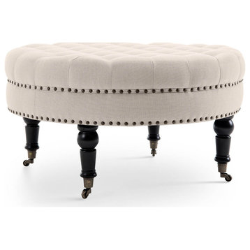 Round Tufted Linen Ottoman With Caster, 33", Beige