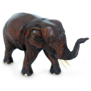 Novica Friendly Thai Elephant Wood Sculpture
