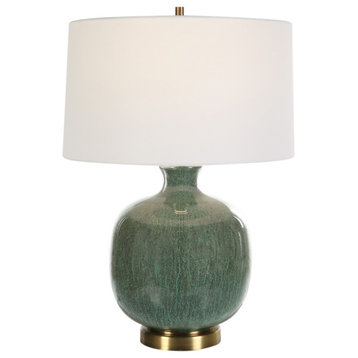 Fat Round Crackled Ceramic Aged Green Table Lamp 26 in Bronze Mottled Elegant