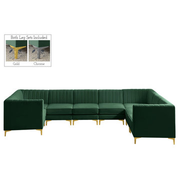Alina Velvet Upholstered 8-Piece U-Shaped Modular Sectional, Green